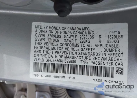 2019 Honda Civic Sport из США, поврежденный, VIN 2HGFC2F80KH599685